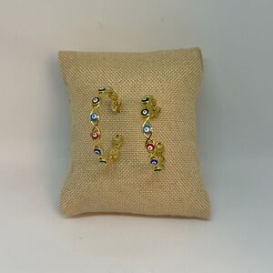 Gold Tone Evil Eye Hoop Earrings | Colorful Nazar Protection Hoops | New
